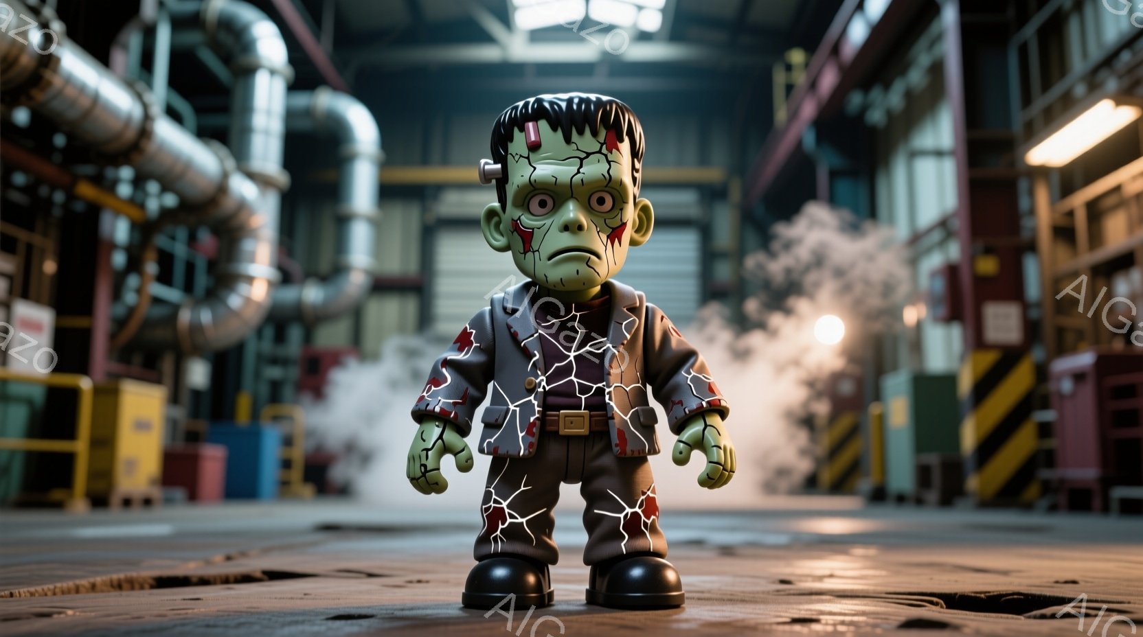 緑色の肌をしたフランケンシュタインのミニチュア人形が、工場内部の床に立っている。人形はクラシックなフランケンシュタインの服装をしており、ボルトの跡が頭と首にあり、表情は少し苦痛に歪んでいる。背景には配管や機械設備が複雑に配置された工場内部が広がっており、床からは白い煙が立ち上っている。