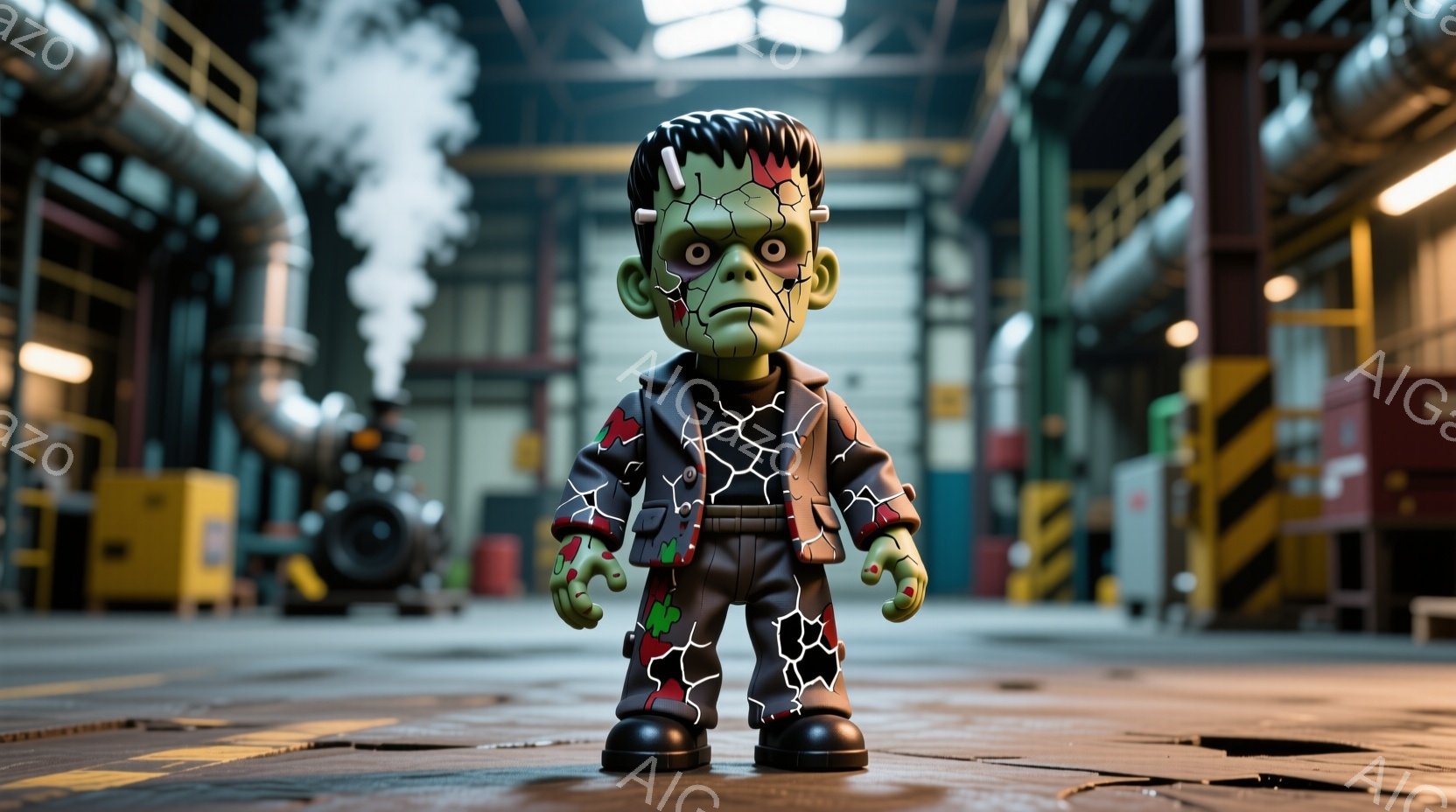 フランケンシュタイン風の小さな人形が工業的な背景を前に立っている様子を描いています。人形はクラシックなスーツとネクタイを着ており、顔には特徴的な傷跡と緑色の肌が施されています。背景にはパイプや機械が走 - AI生成フリー素材