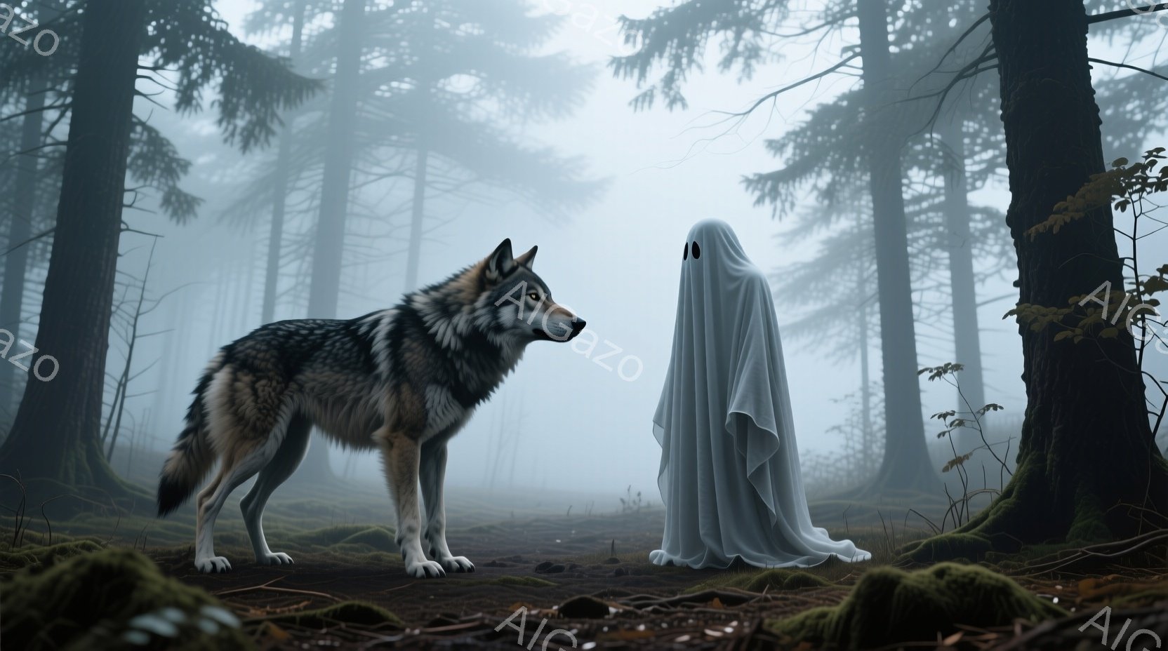 灰色の狼が緑豊かな森林の土の上に立っており、その目はまっすぐ前に向いています。対面しているのは、頭からつま先まで白い布で覆われた幽霊のような姿です。霧が立ち込める森林は、薄暗く不気味な雰囲気を醸し出し - AI生成フリー素材