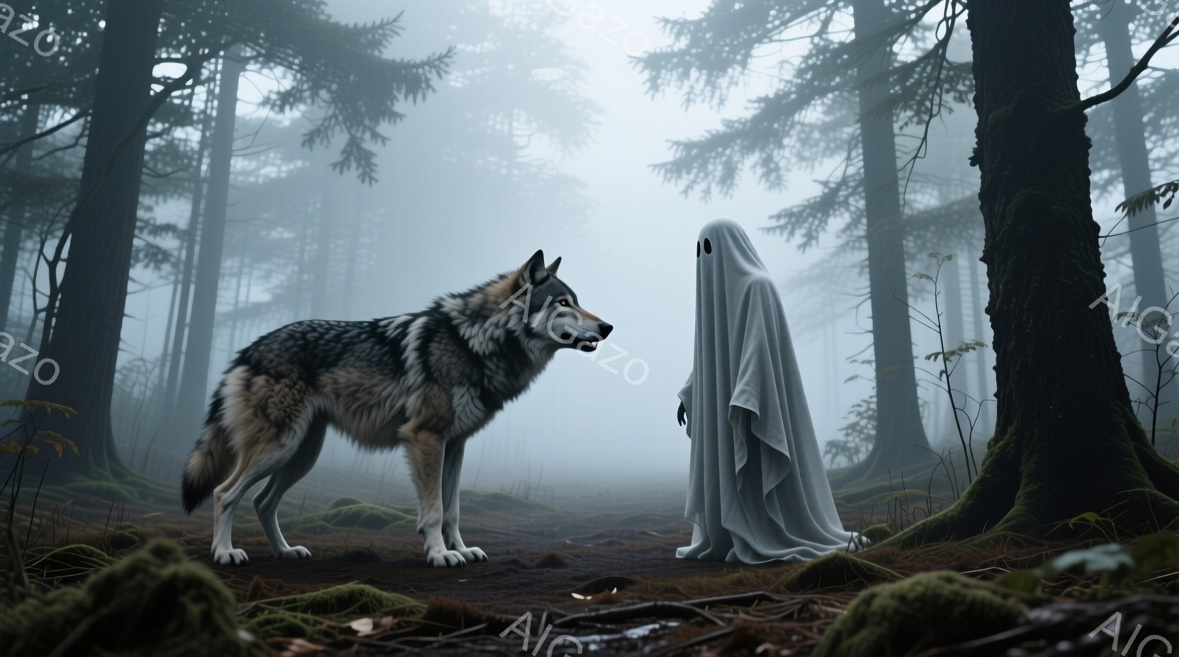 霧深い森林の中で、灰色の狼が白い幽霊のような姿の人物と対峙している。幽霊はフード付きのローブを身に着け、表情は判別できないが、狼は警戒した様子で相手を睨みつけている。地面には苔が生え、背景にはうっそうとした木々が立ち並び、全体的に不気味で神秘的な雰囲気を醸し出している。