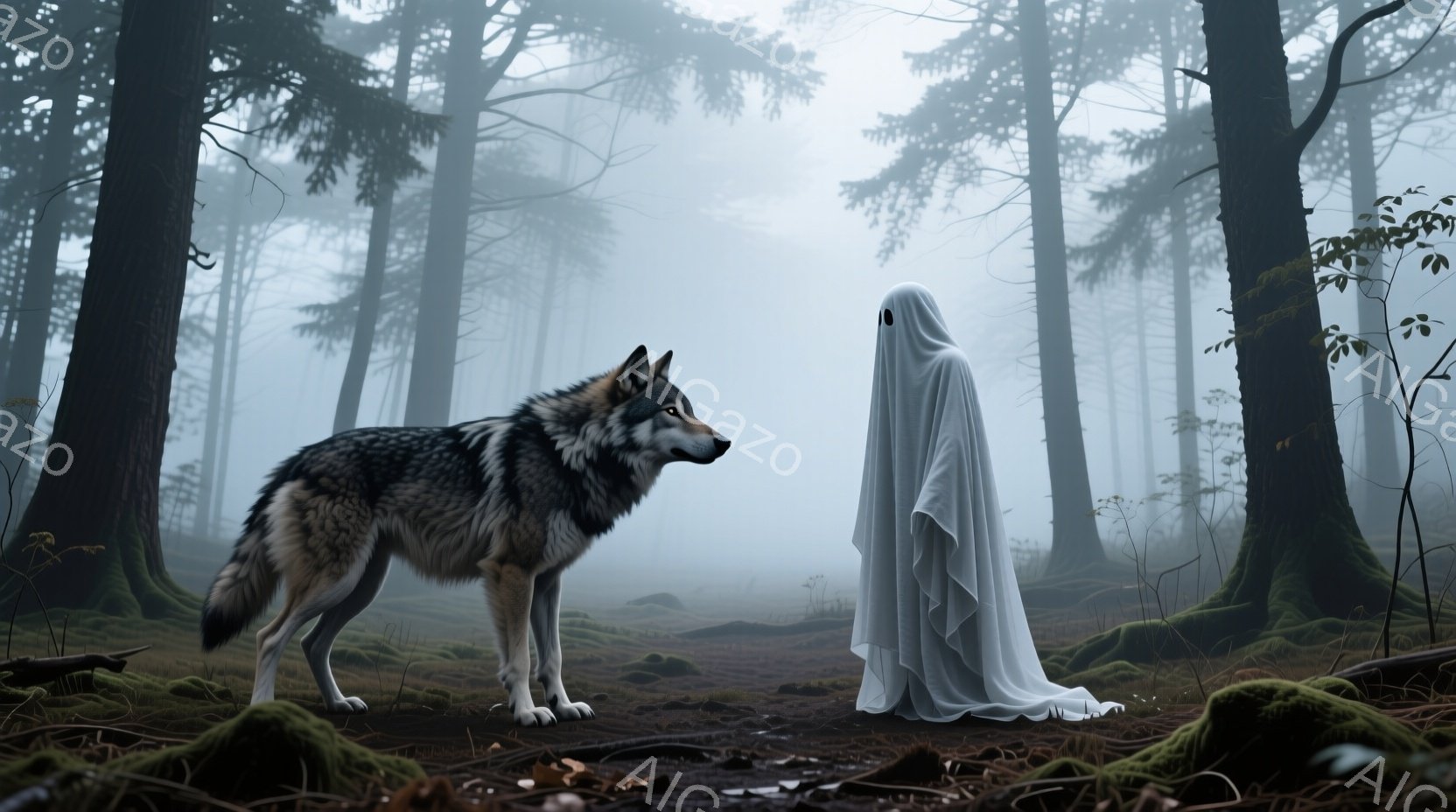 濃い霧に包まれた森の中で、灰色の狼が立っている。狼は警戒した表情で何かを見つめているようだ。狼の向かいには、白い布で覆われた人影が立っており、不気味な雰囲気を醸し出している。