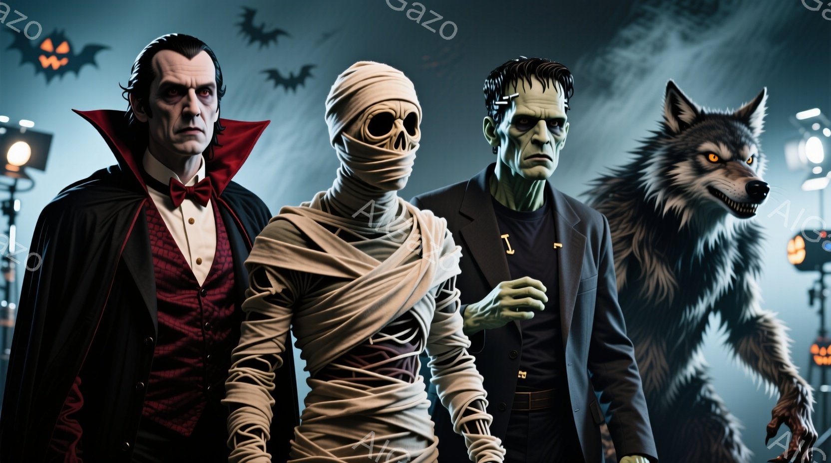 ドラキュラ、ミイラ、フランケンシュタインの怪物、そして狼男が写っています。ドラキュラは黒いケープと赤いベストを着用し、ミイラは全身が包帯で覆われています。背景にはコウモリが舞い、暗く不気味な雰囲気を醸 - AI生成フリー素材