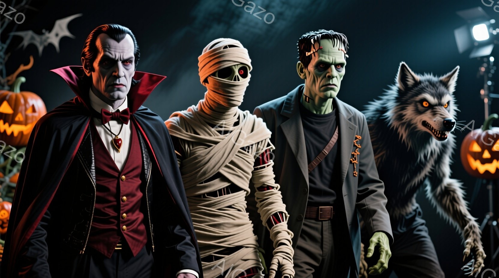 ドラキュラ、ミイラ、フランケンシュタインの怪物、狼男が並んで立っています。ドラキュラは黒いスーツに赤いスカーフ、ミイラは包帯で全身を覆い、フランケンシュタインの怪物は緑色の肌と特徴的な髪型、狼男は毛む - AI生成フリー素材
