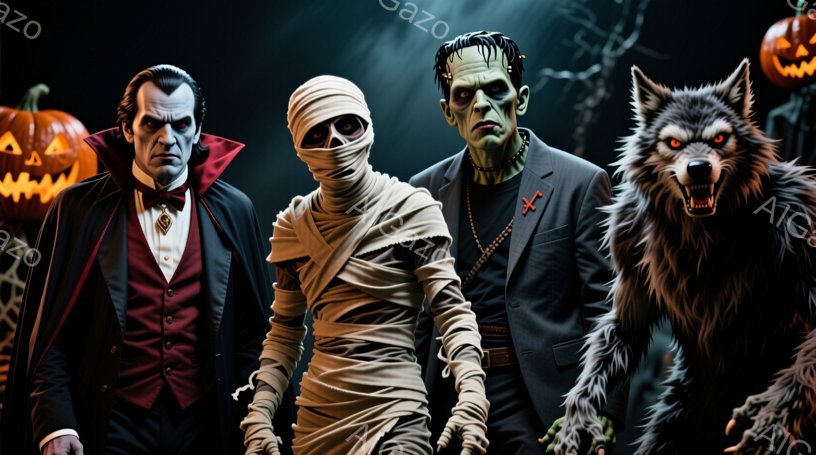 ドラキュラ、ミイラ、フランケンシュタインの怪物、そして狼男が並んで描かれています。ドラキュラは黒い髪を整え、赤いマントとベストを着て、鋭い眼差しを向けています。背景にはカボチャのランタンや木のシルエッ - AI生成フリー素材
