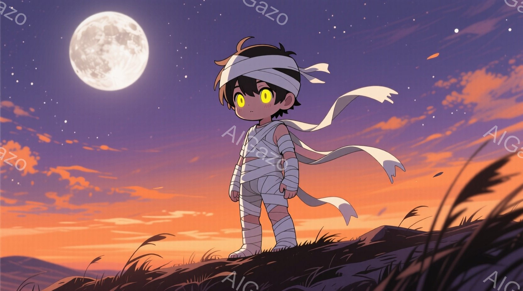 少女は教室の中心で宙に浮いており、白いワンピースとフード付きのマントを身につけている。彼女は両手を広げ、少し微笑んでいるように見え、その姿は青白い光に包まれている。教室には机と椅子が整然と並び、黒板に - AI生成フリー素材