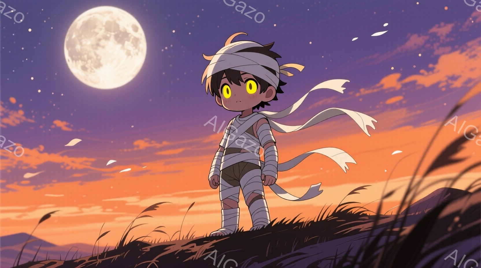 少年は、腕と脚に包帯を巻き、首に白いスカーフを巻いています。彼は少し困ったような表情で、夕焼けに照らされた丘の上に立っています。背景には、オレンジと紫のグラデーションの空と、ぼんやりとした山々が広がり - AI生成フリー素材