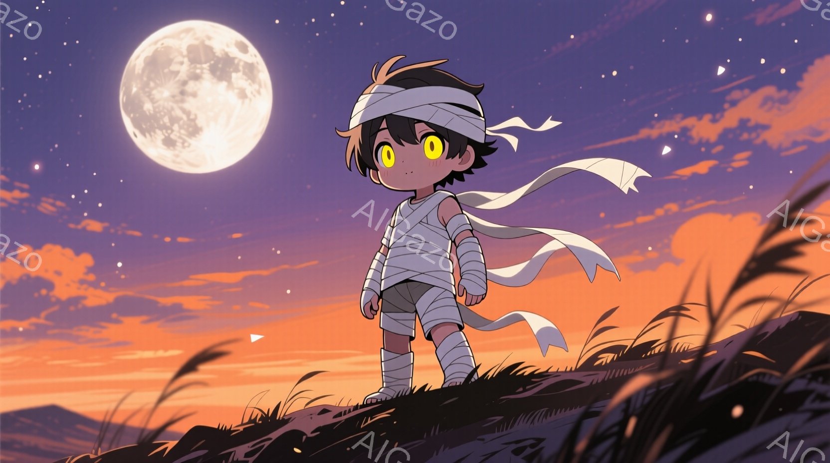 包帯で足と腕を巻いた少年が草原の上に立っている様子を描いています。少年は黒髪で、大きな瞳は黄色く光り、少し驚いた表情をしています。背景にはオレンジと紫色の夕焼け空が広がり、満月と星が輝き、幻想的で少し - AI生成フリー素材