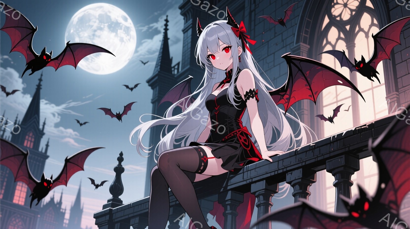 白髪の少女が黒いゴシック風のドレスと太もも丈の靴下を身につけ、城壁の上でポーズをとっています。彼女は片足を曲げ、肘をついて座り、赤い瞳でこちらを見ています。背景には、夜の空に浮かぶ満月、尖塔を持つお城 - AI生成フリー素材