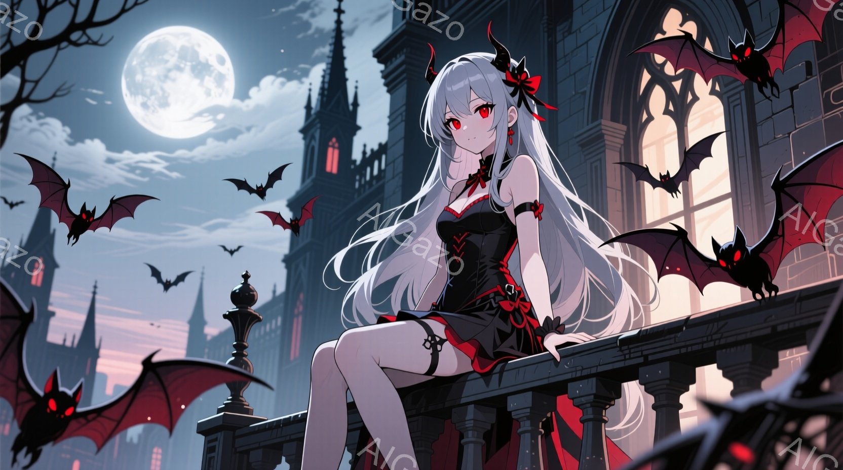 白い髪と赤い瞳を持つ少女が、黒いドレスと太もも丈の靴下を身に着け、石造りのバルコニーに座っている。彼女は片足を曲げ、リラックスした姿勢で、赤い小さな翼を持つ黒いコウモリが彼女の周りを飛び交っている。背景にはゴシック様式の建物が立ち並び、月明かりに照らされた夜空と、薄暗い街並みが広がり、神秘的で少し不気味な雰囲気を醸し出している。