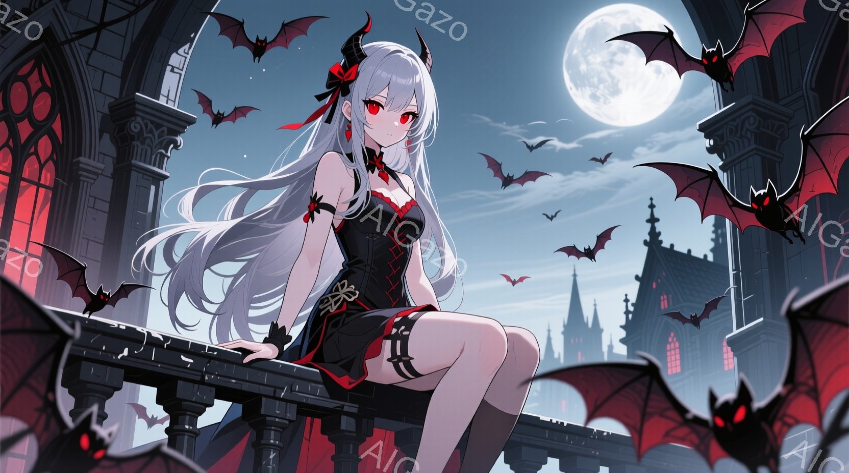 白髪の長い髪と赤い瞳を持つ少女が、黒いドレスと太もも丈の靴下を身に着け、石造りのバルコニーに座っている。彼女は片足を垂らし、リラックスした表情で夜空を見上げている。背景には、尖塔がそびえ立つゴシック様 - AI生成フリー素材