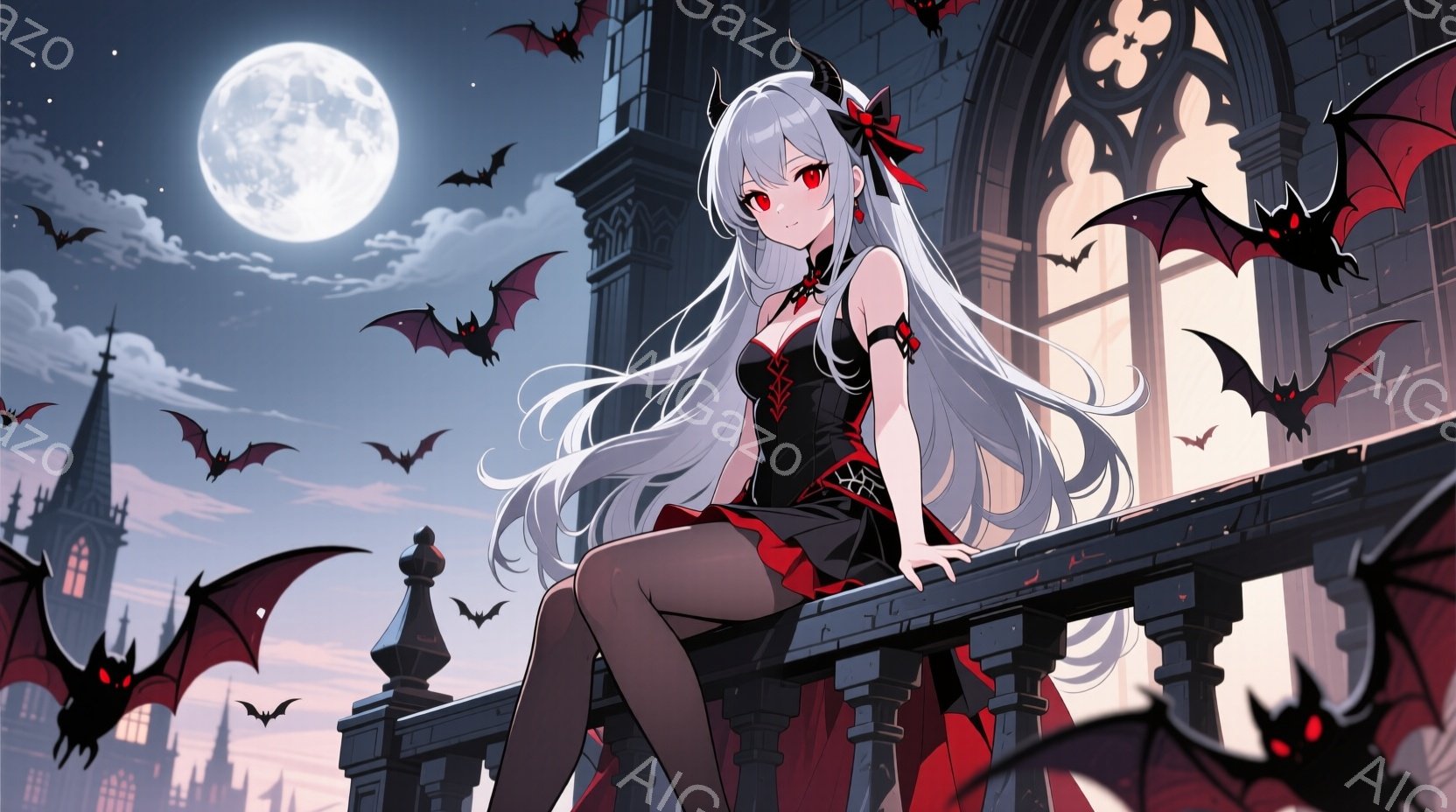 白い長い髪と赤い瞳を持つ少女が、ゴシック様式の建物のバルコニーに座っている。彼女は黒いドレスを身につけ、背中にはコウモリの羽が広がっている。背景には、満月が輝き、暗い空とシルエットの建物が広がっており、少し不気味で神秘的な雰囲気を醸し出している。