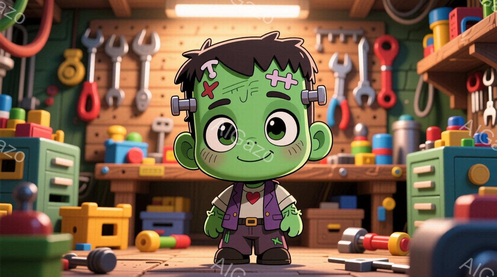 緑色のフランケンシュタインのモンスターが、黒髪でボルトの付いた特徴的なヘアスタイル、赤いベスト、黒いシャツとズボンを着て立っています。彼の表情は笑顔で、大きな目が愛らしい印象を与えます。背景は工具やカラフルなブロックでいっぱいの作業台で、全体的に明るく遊び心のある雰囲気です。
