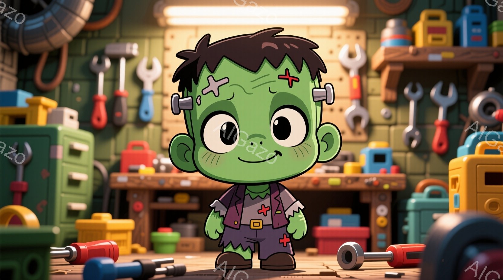 フランケンシュタイン風の小さな男の子を描いています。緑色の肌、ボルトの首、そして赤いステッチが施されたジャケットを着ています。背景には、工具や箱が並んだ作業台があり、全体的に明るく陽気な雰囲気です。