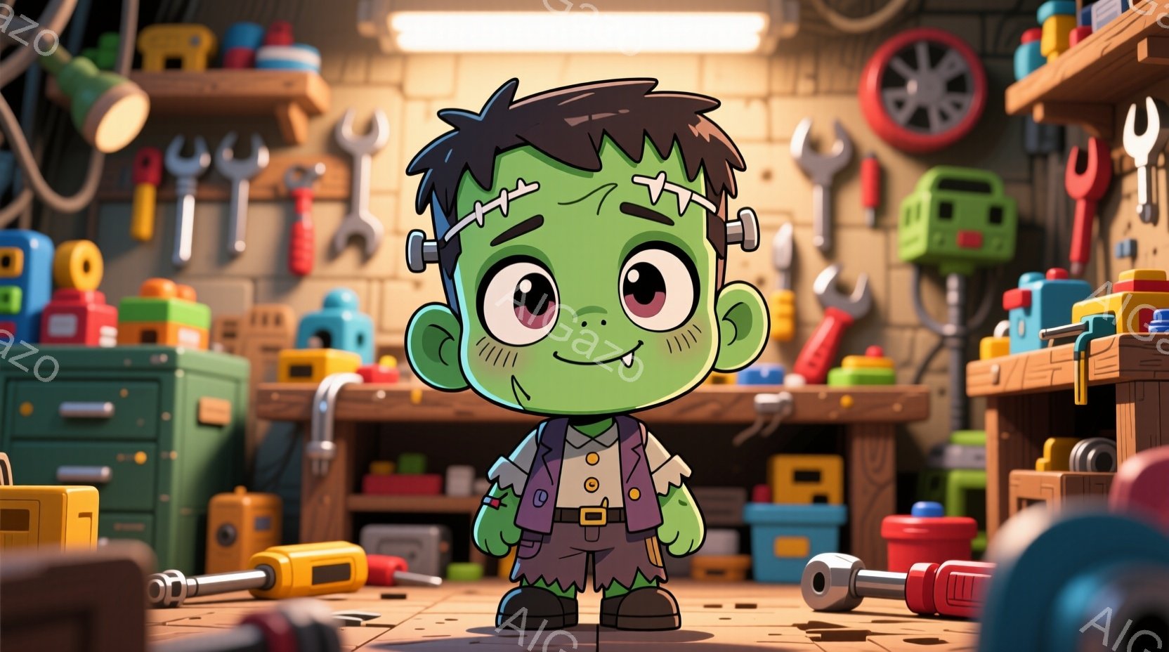 フランケンシュタイン風の小さな男の子を描いています。緑色の肌に黒髪、首にはボルトが付いており、紫色のシャツと短パンを着用しています。背景は工具や積み木でいっぱいの作業場であり、全体的に明るく楽しい雰囲 - AI生成フリー素材
