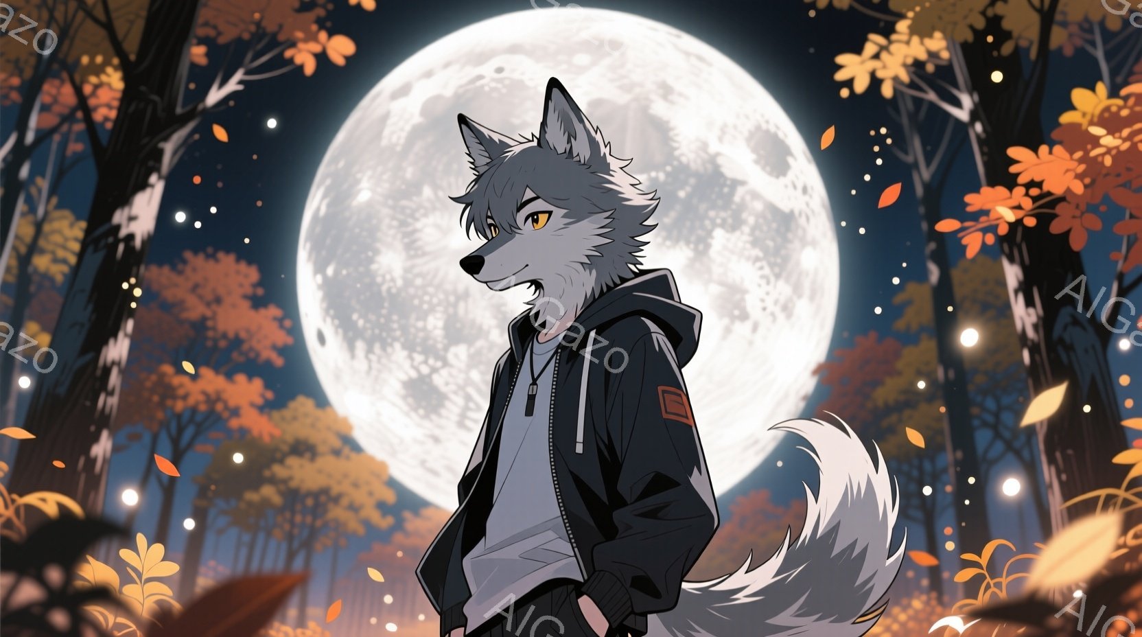 灰色の毛並みを持つ獣人が描かれており、黒いパーカーと白いTシャツを着ています。彼は片手をポケットに入れ、自信に満ちた表情で少し横を向いており、ふさふさとした尻尾が特徴的です。背景には秋の森林が広がり、満月が輝き、落ち葉が舞う幻想的な雰囲気を醸し出しています。