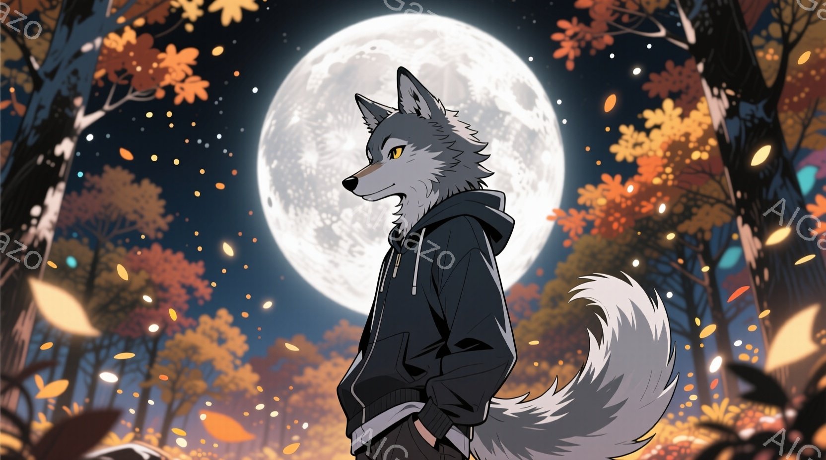 灰色の毛並みを持つ獣人が、手をポケットに入れたカジュアルなスタイルで立っている。背景には、鮮やかなオレンジと黄色の葉が舞う木々と、明るい満月が浮かび、夜の森の幻想的な雰囲気を醸し出している。獣人は自信に満ちた表情で、どこか物憂げな視線を遠くに見つめている。