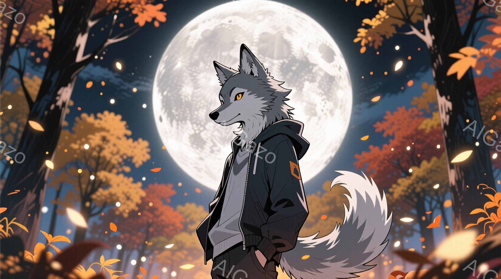 灰色の毛並みを持つ獣人キャラクターが描かれています。彼は黒いパーカーとベージュ色のシャツを着ており、片手をポケットに入れたリラックスした姿勢で立っています。背景には鮮やかなオレンジと黄色の木々と、大きく明るい満月が描かれており、秋の夜の静かで神秘的な雰囲気を醸し出しています。