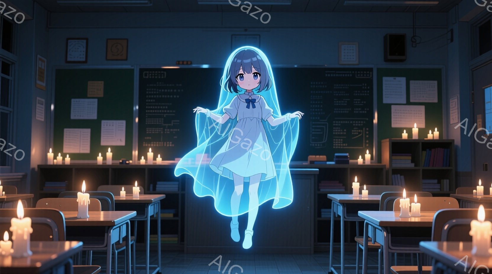 少女は教室の中央で宙に浮いており、青白い光を放つワンピースを着ています。彼女は長い黒髪で、表情は穏やかで少し寂しげです。教室にはたくさんのロウソクが置かれ、暗い雰囲気の中で彼女だけが光を放っています。 - AI生成フリー素材
