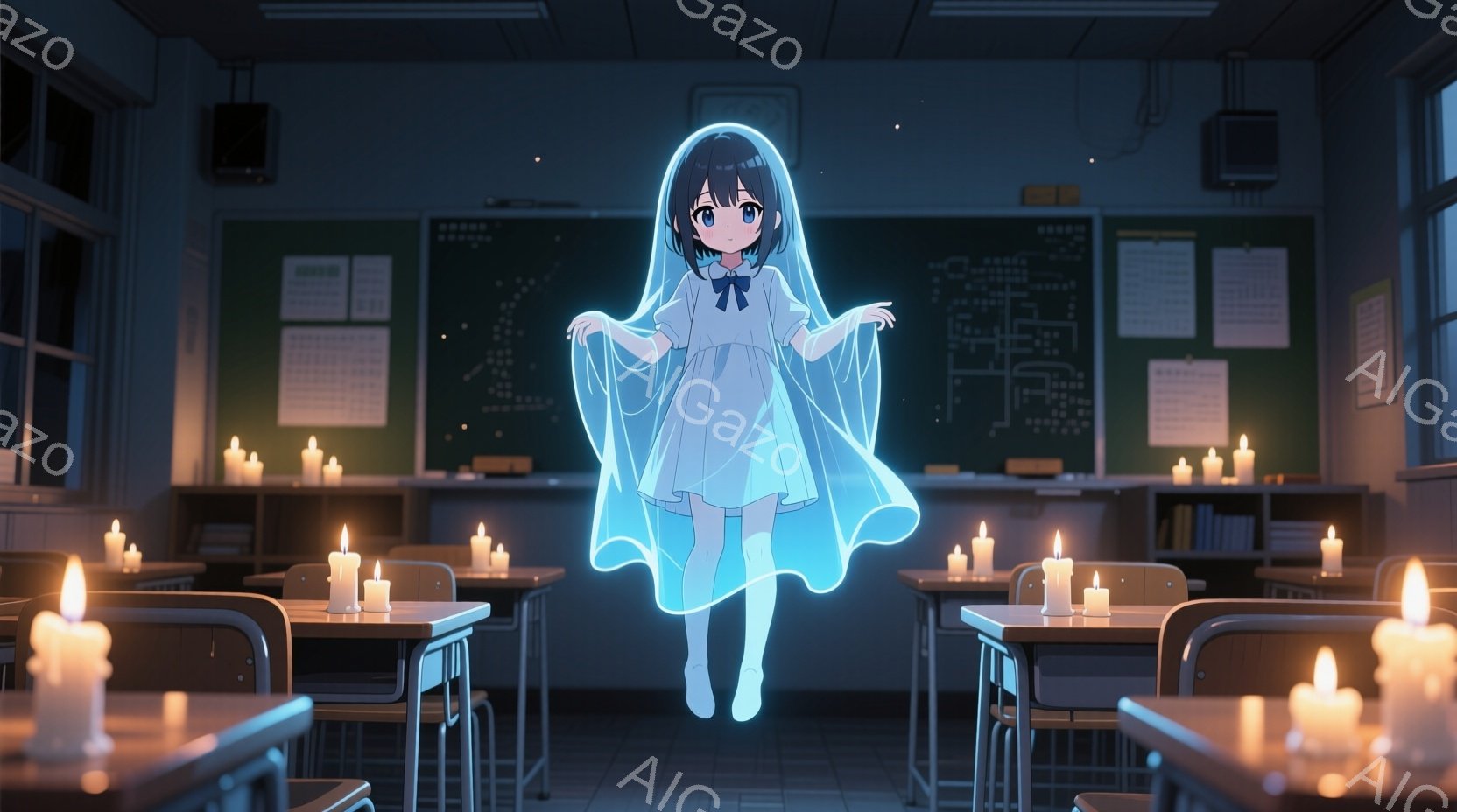 薄い水色のワンピースを着た少女が教室の中心で宙に浮いている。彼女は長い黒髪で、顔は穏やかで、少し悲しげな表情をしている。教室には多くの机と椅子が並び、それぞれにロウソクが灯されており、薄暗く不気味な雰 - AI生成フリー素材