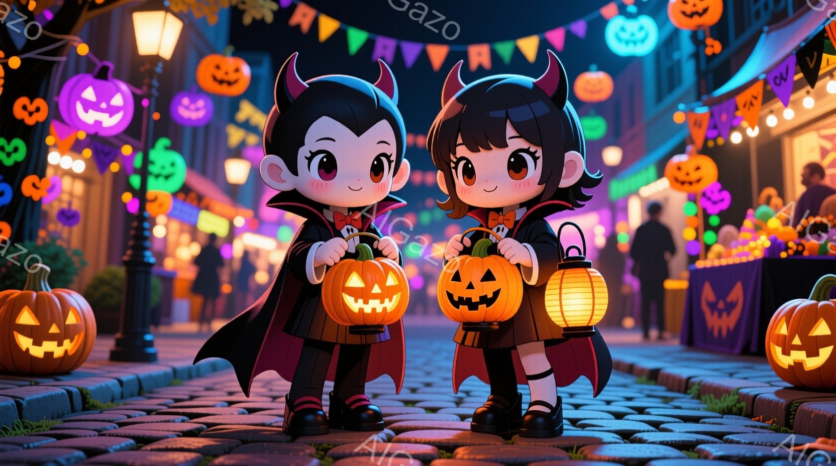 幼い子供たちがハロウィーンの夜に並んで立っており、それぞれがジャック・オー・ランタン型の提灯を持っています。子供たちは黒い服にマントを羽織り、片方は赤いリボン、もう片方は黄色いリボンをつけています。背 - AI生成フリー素材
