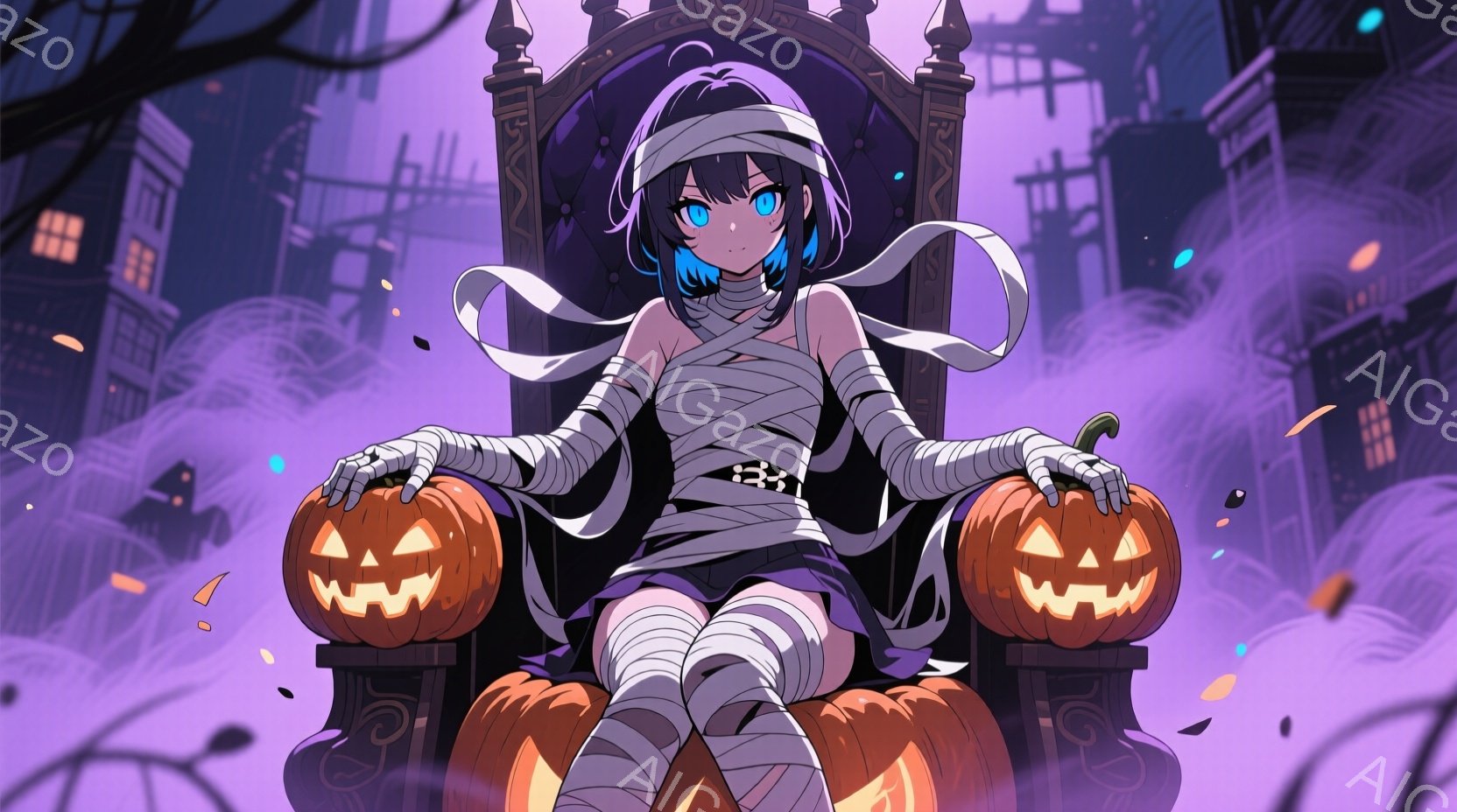 紫色の背景に、ミイラのような装いをした少女がカボチャの玉座に座っている。彼女は黒髪で、紫色の瞳を持ち、包帯で手足が巻かれ、不気味ながらも可愛らしい表情を浮かべている。背景には、シルエットで描かれた建物 - AI生成フリー素材