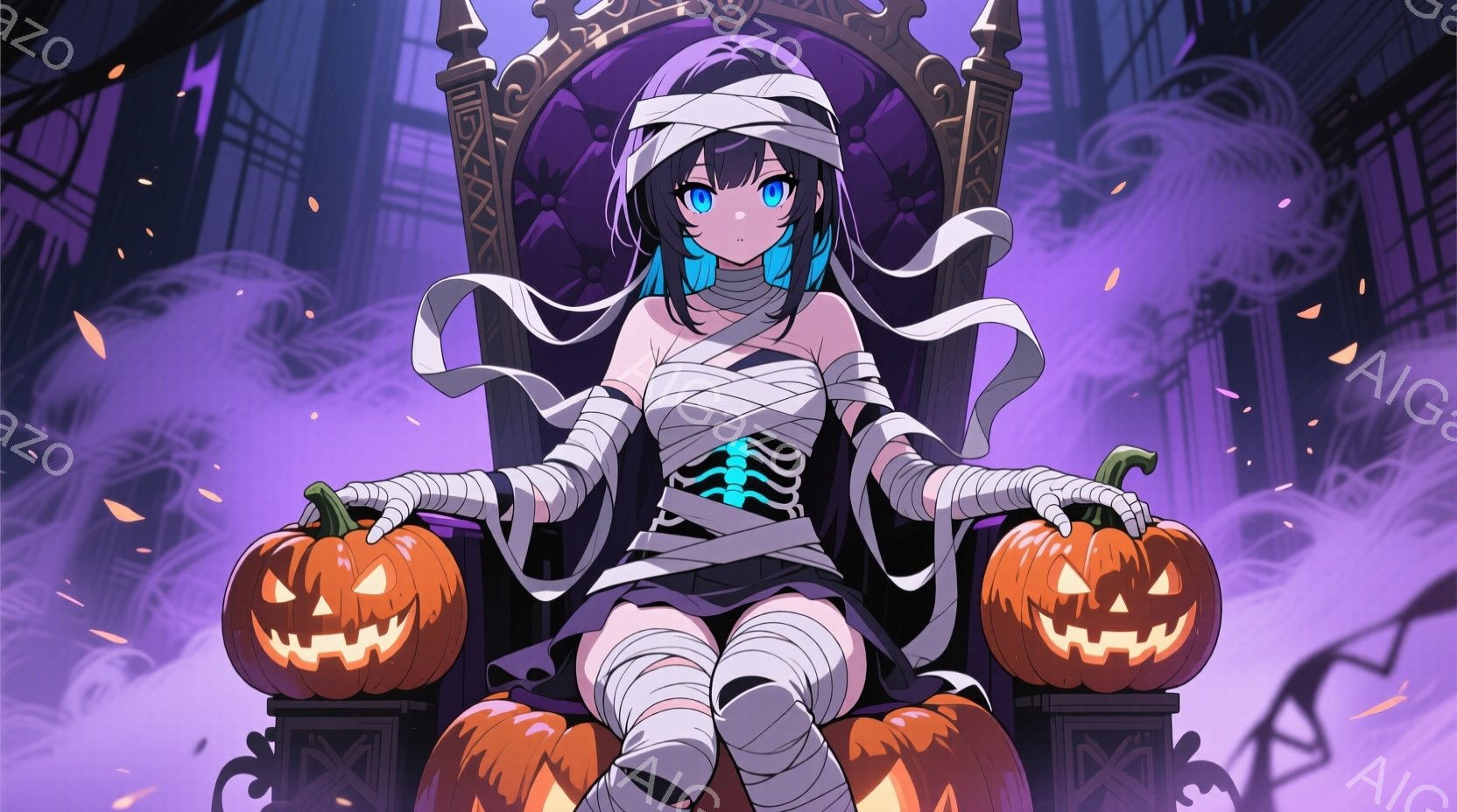 青い髪の少女が、ハロウィーンをテーマにした衣装を着て玉座に座っている。彼女は包帯で身体を覆い、黒いワンピースを着用し、鮮やかなオレンジ色のジャック・オ・ランタンを両手に持っている。背景には不気味な建物と紫色の霧が漂い、ハロウィーンの不気味で幻想的な雰囲気を醸し出している。
