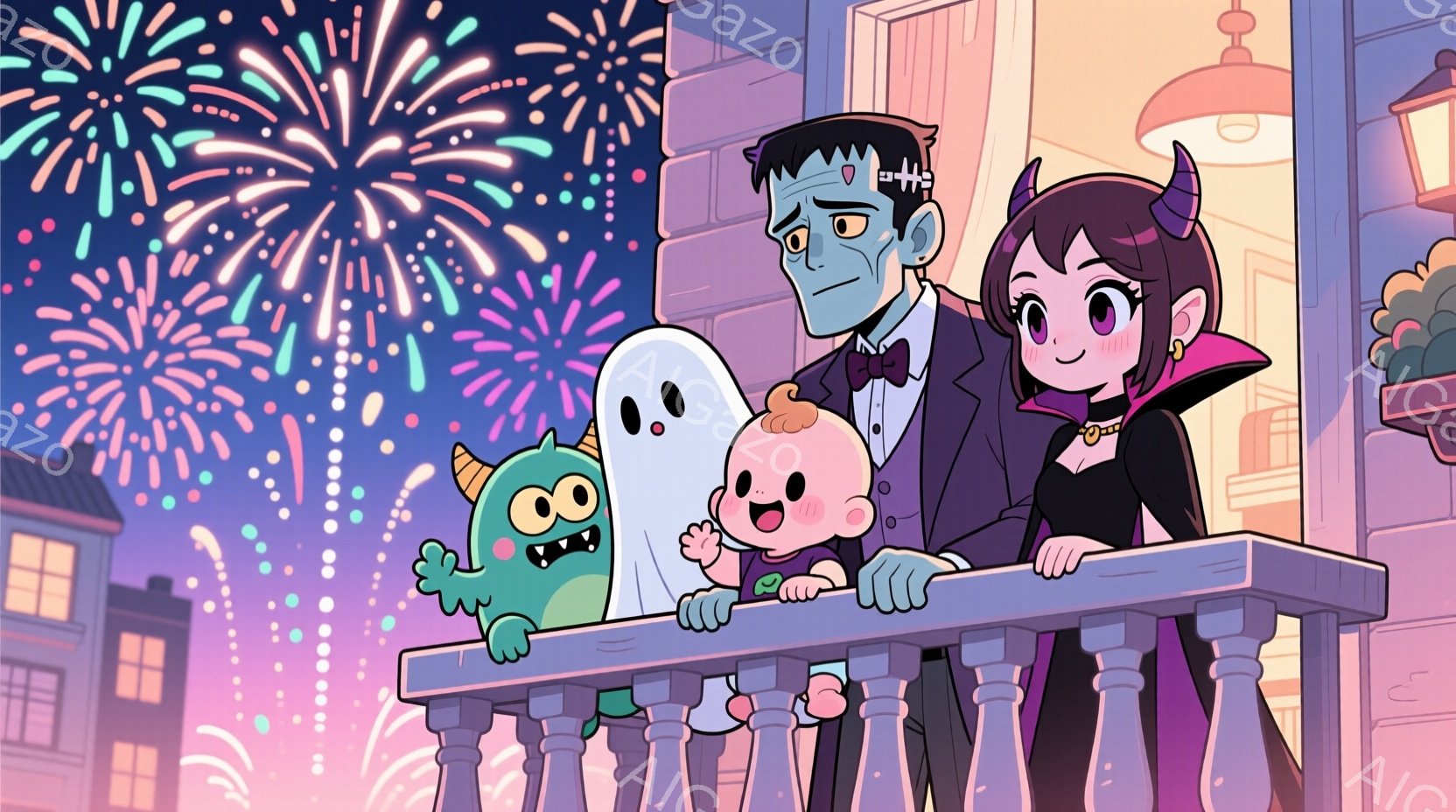 ハロウィーンの夜、怪物の家族がバルコニーから花火を見ている様子が描かれている。フランケンシュタインのような男性はタキシードを着ており、魔女のような女性は黒いドレスを着ている。彼らの間には、小さな幽霊と - AI生成フリー素材