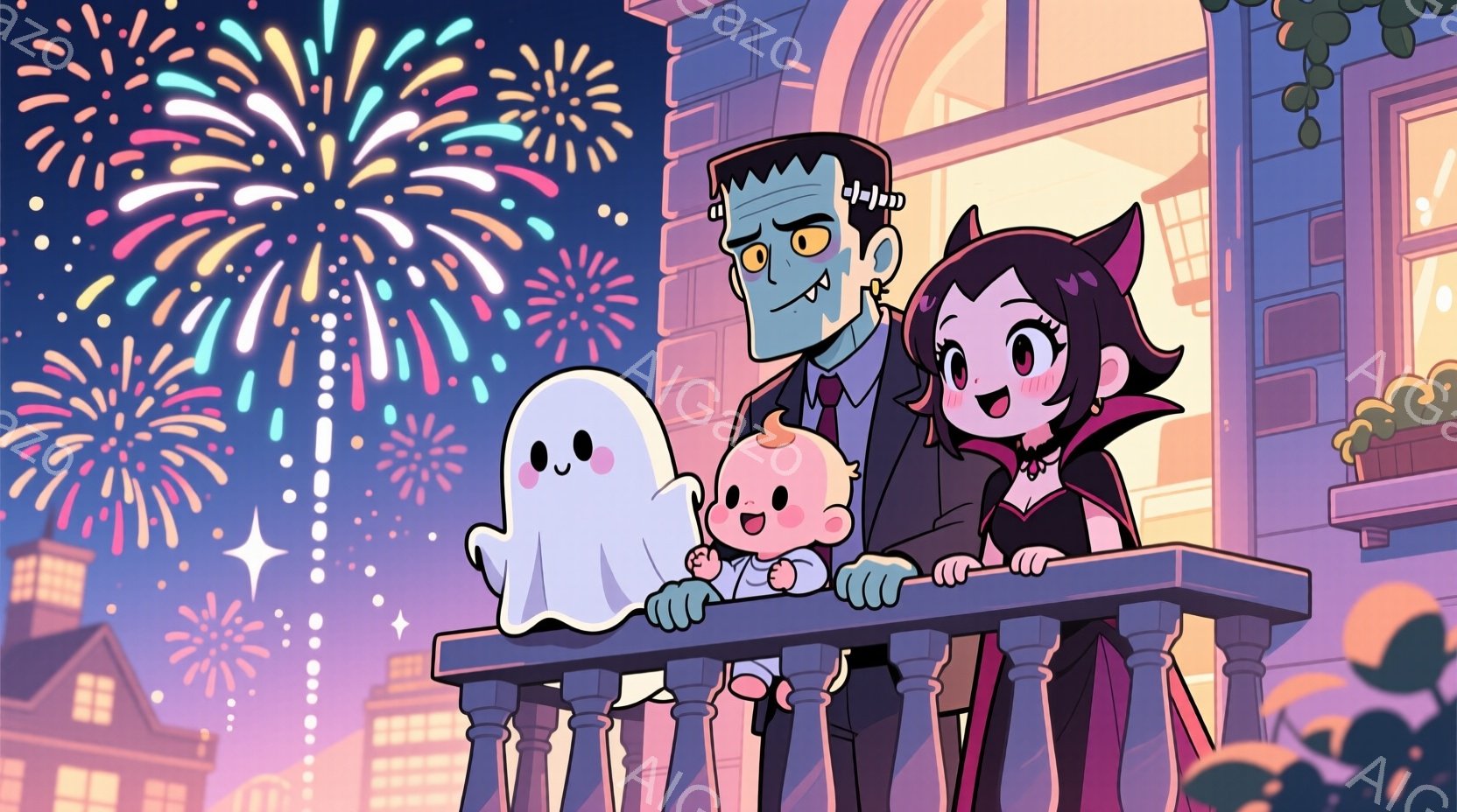 フランクensteinの怪物、吸血鬼の女性、幽霊、そして赤ちゃんのモンスターファミリーがバルコニーに立っている。怪物はダークグリーンの髪とボルトのマークがあり、吸血鬼の女性は黒いドレスと赤い髪、そして赤ちゃんの幽霊は白い体で微笑んでいる。背景には、カラフルな花火が夜空に咲き誇り、建物が並び、まるでハロウィーンの夜のような雰囲気である。