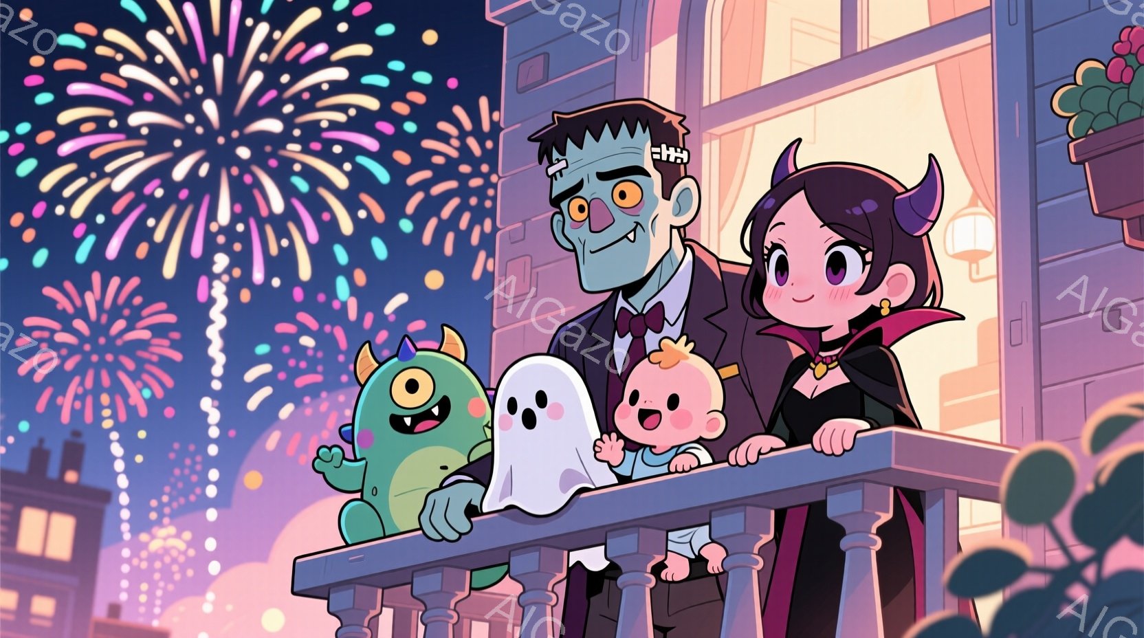 ハロウィンの夜、フランケンシュタインの怪物、魔女、幽霊、そして小さなモンスターの家族がバルコニーに並んで立っています。怪物と魔女はそれぞれタキシードと黒いドレスを着ており、幽霊と小さなモンスターはそれ - AI生成フリー素材