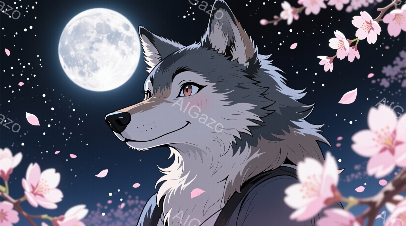 灰色の毛並みを持つ狼のキャラクターが、片方の目を少し閉じて微笑んでいます。黒い襟付きの衣服を着ており、背景には満月と桜の花びらが舞い散る夜空が広がっています。全体的に、穏やかで幻想的な雰囲気が漂ってい - AI生成フリー素材