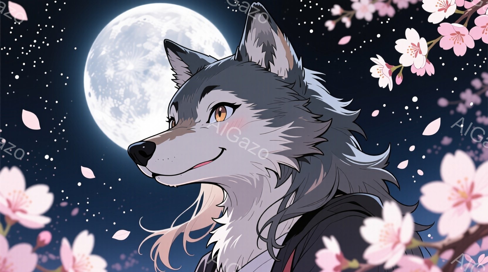 灰色の毛並みを持つ狼のキャラクターが描かれており、片方の目が金色で、穏やかな微笑みを浮かべています。キャラクターは黒い服を着ており、肩に白い髪の毛束が掛かっています。背景には満月と桜の花びらが散りばめられており、幻想的でロマンチックな雰囲気を醸し出しています。