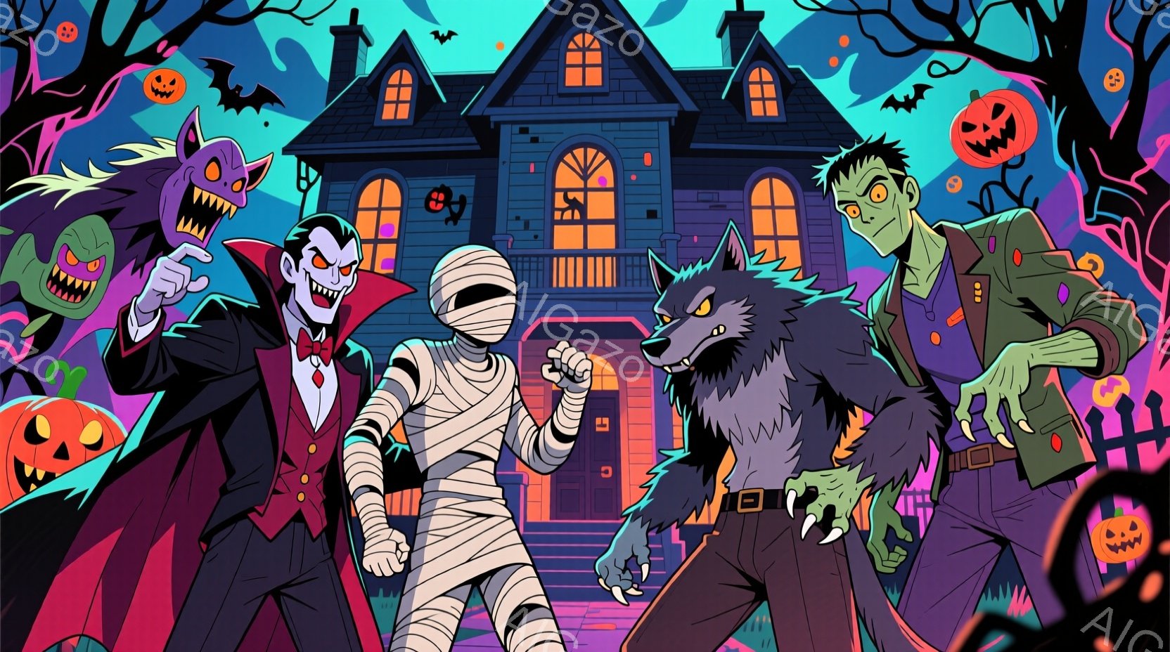 不気味な屋敷を背景に、吸血鬼、ミイラ、狼男、フランケンシュタインのモンスターたちが立っています。吸血鬼は赤いジャケットと蝶ネクタイを着て鋭い表情を浮かべ、ミイラは全身を包帯で覆われ、狼男は片足を前に出 - AI生成フリー素材