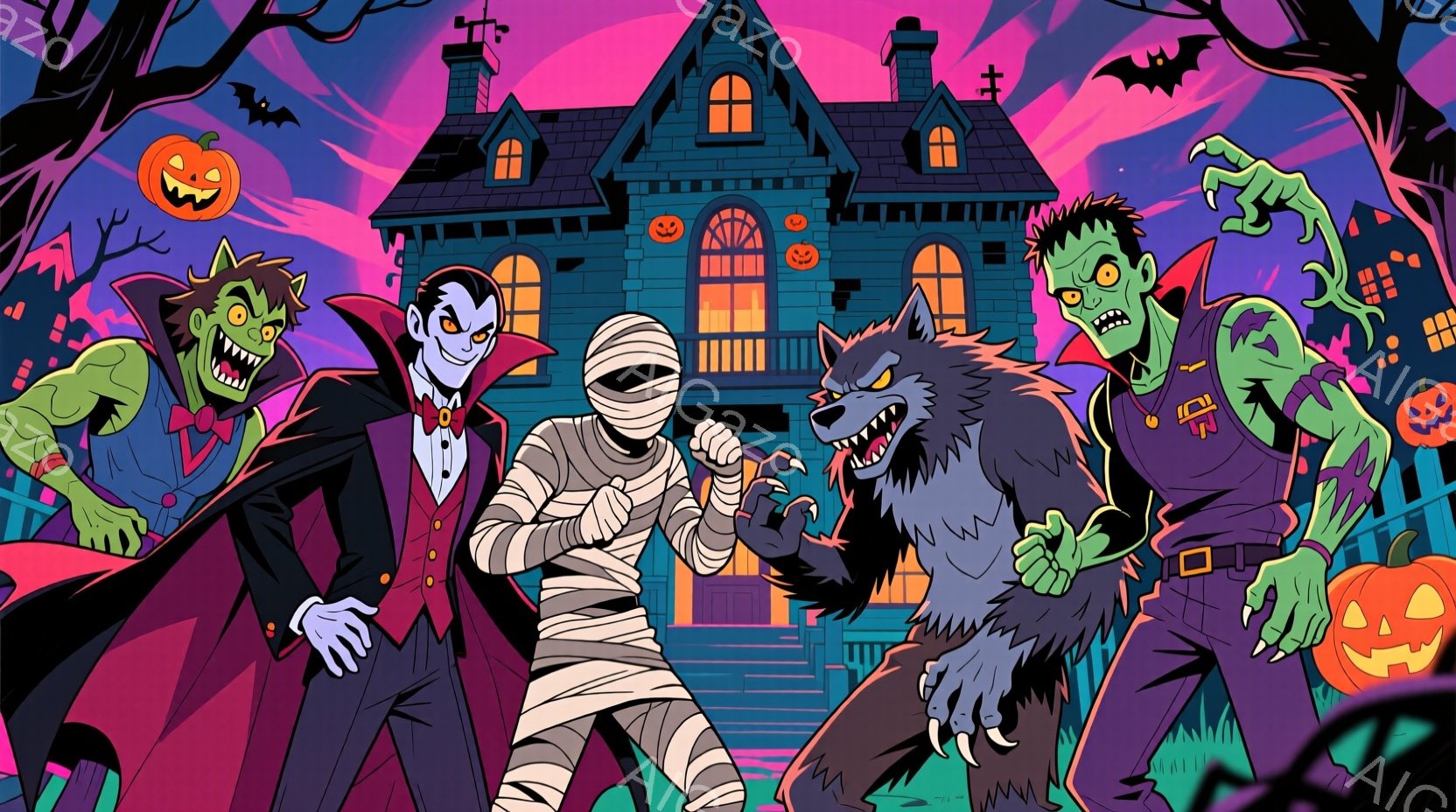 ハロウィーンのキャラクターたちが描かれています。ドラキュラ、ミイラ、狼男、フランケンシュタインのモンスターたちが、不気味な屋敷を背景にポーズをとっています。背景にはカボチャのランタンや黒い木々が見え、 - AI生成フリー素材
