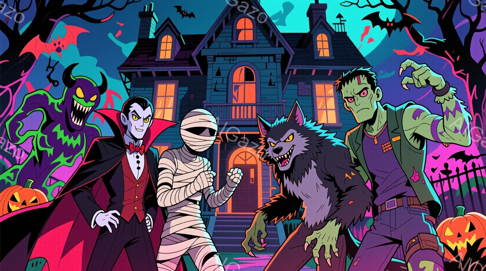 ハロウィーンをテーマにしたイラストで、吸血鬼、ミイラ、狼男、フランケンシュタインのモンスターたちが、不気味な屋敷の前に立っています。吸血鬼は赤いジャケットと黒い服を着て、ミイラは包帯で体を覆い、狼男は - AI生成フリー素材