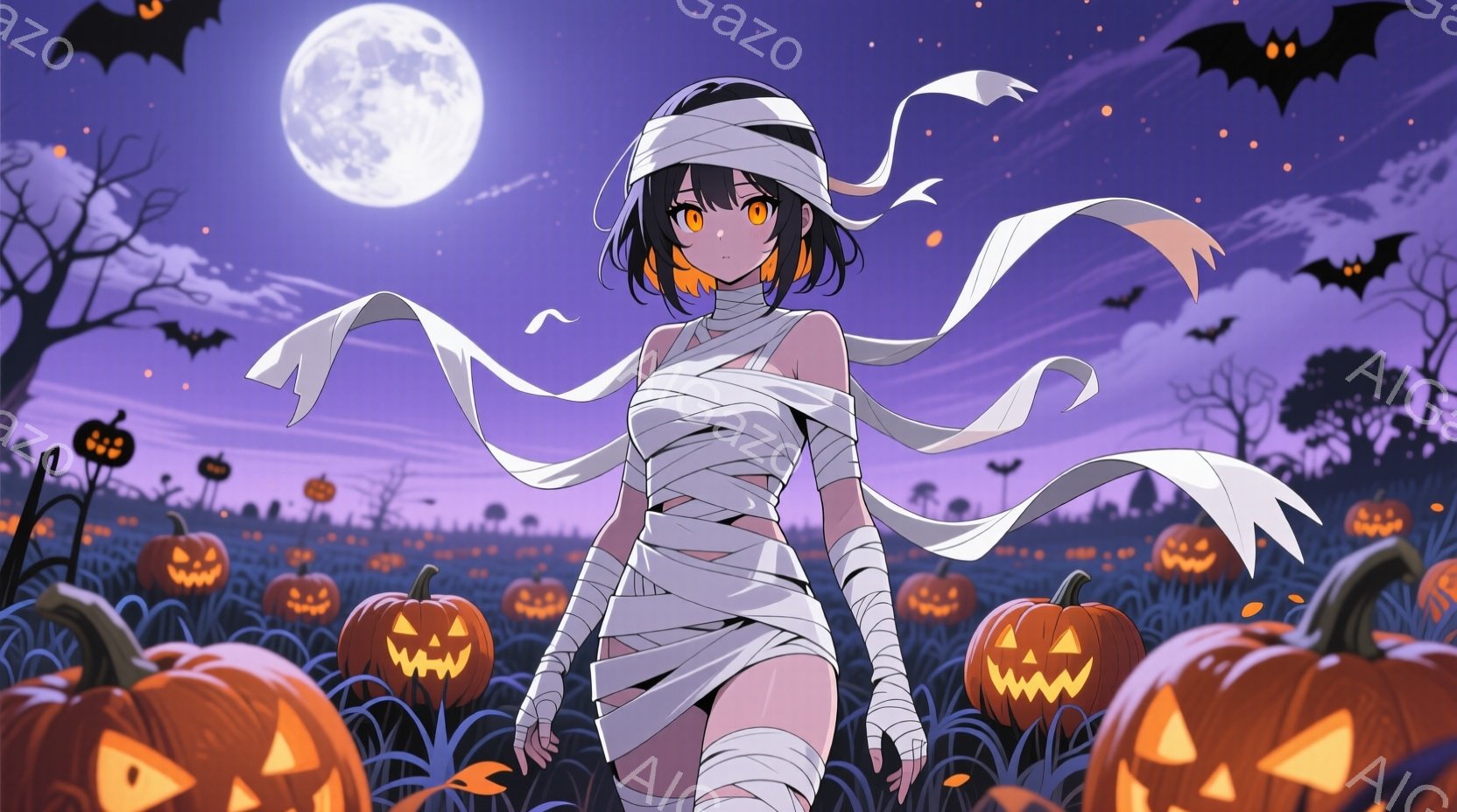 ミイラの衣装を身につけた若い女性が描かれています。彼女は黒髪で、白の包帯で頭と体を巻き、紫色の背景に浮かぶカボチャ畑の中に立っています。表情は少し微笑んでおり、全体的にハロウィーンらしい、少し不気味で - AI生成フリー素材