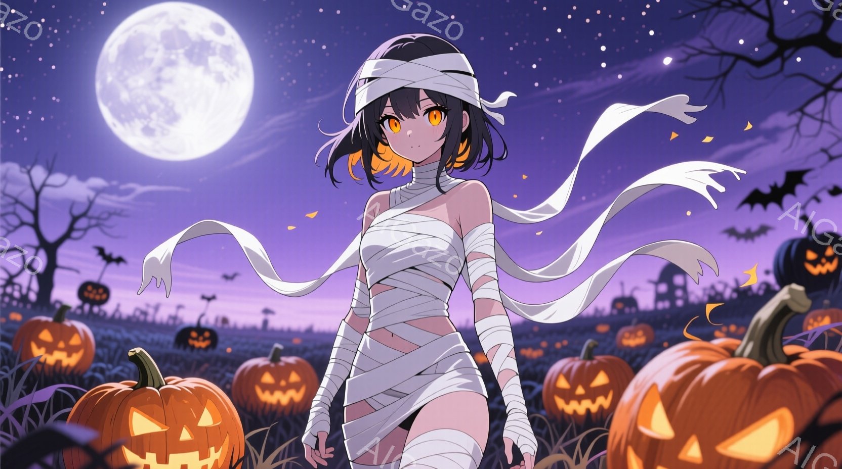 暗い紫色がかった背景に、白く包帯で覆われた女性が立っている。彼女は黒い短い髪をしており、オレンジ色の瞳でこちらを見ている。周囲には、たくさんのジャック・オ・ランタンが輝き、遠くには墓石が見え、不気味で - AI生成フリー素材