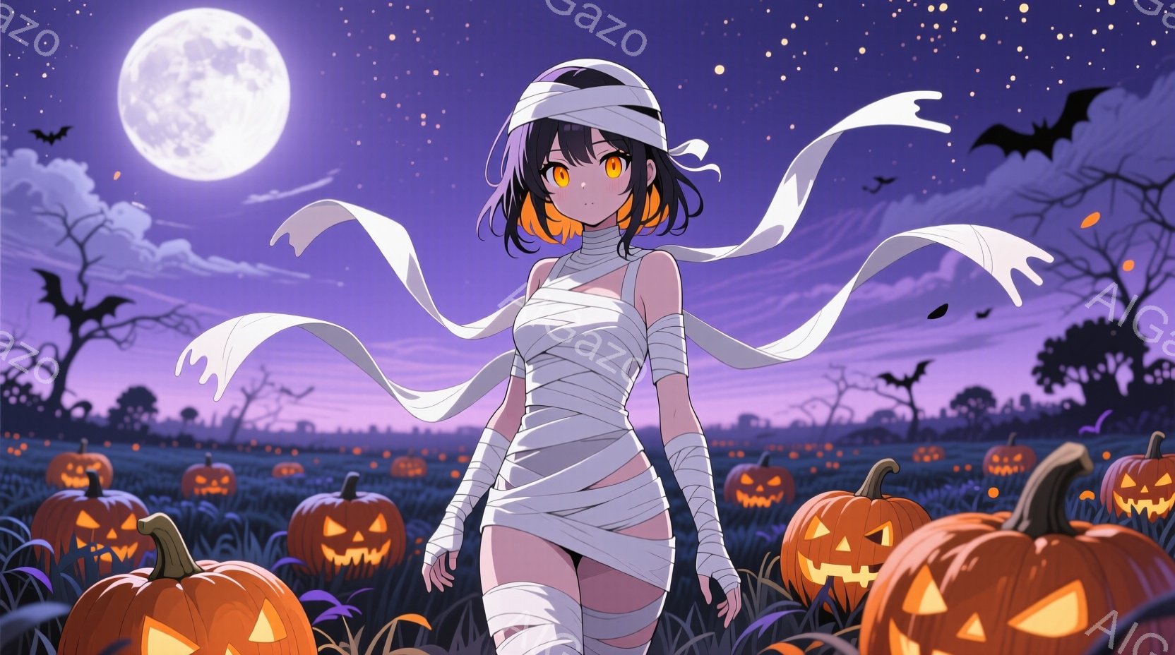 長い黒髪に白の包帯を巻き、ハロウィーン風の衣装を着た若い女性が描かれています。彼女は少し上目遣いで、明るいオレンジ色の瞳でこちらを見つめており、少しいたずらっぽい表情を浮かべています。背景には、たくさ - AI生成フリー素材