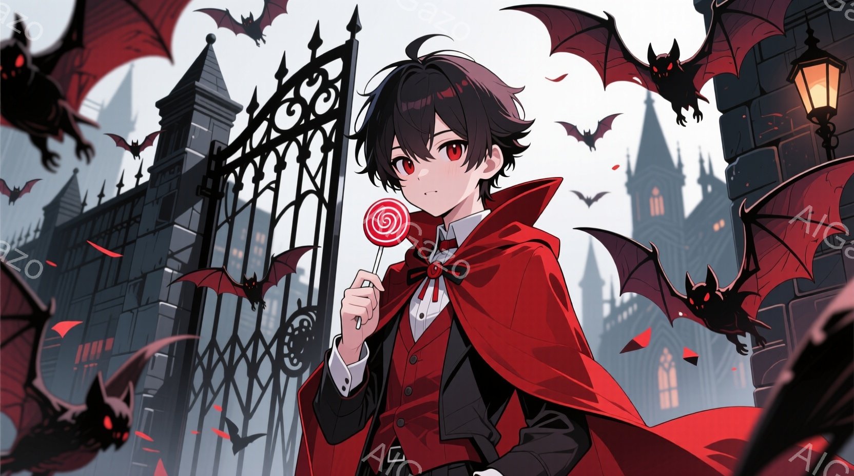 黒髪で赤い目の少年が、赤いマントを羽織り、黒いスーツ姿で立っている。彼は片手にキャンディを持ち、少し横を向き、どこか物憂げな表情をしている。背景には、ゴシック様式の建物群と夜空を舞うコウモリたちが描かれ、薄暗く幻想的な雰囲気を醸し出している。