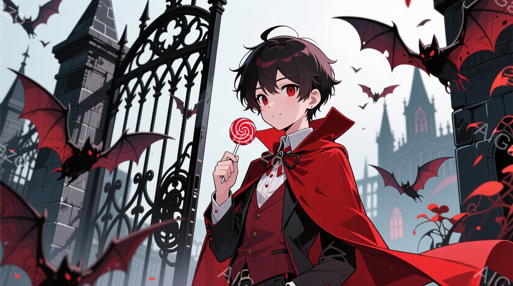 赤いマントを羽織った黒髪の少年が、ねじれた棒付きキャンディを持っています。彼は黒いベストと白いシャツを着ており、少し上目遣いでどこか冷たい表情をしています。背景には、黒い鉄柵と尖塔を持つゴシック様式の建物があり、たくさんのコウモリが舞い、不気味で幻想的な雰囲気を醸し出しています。