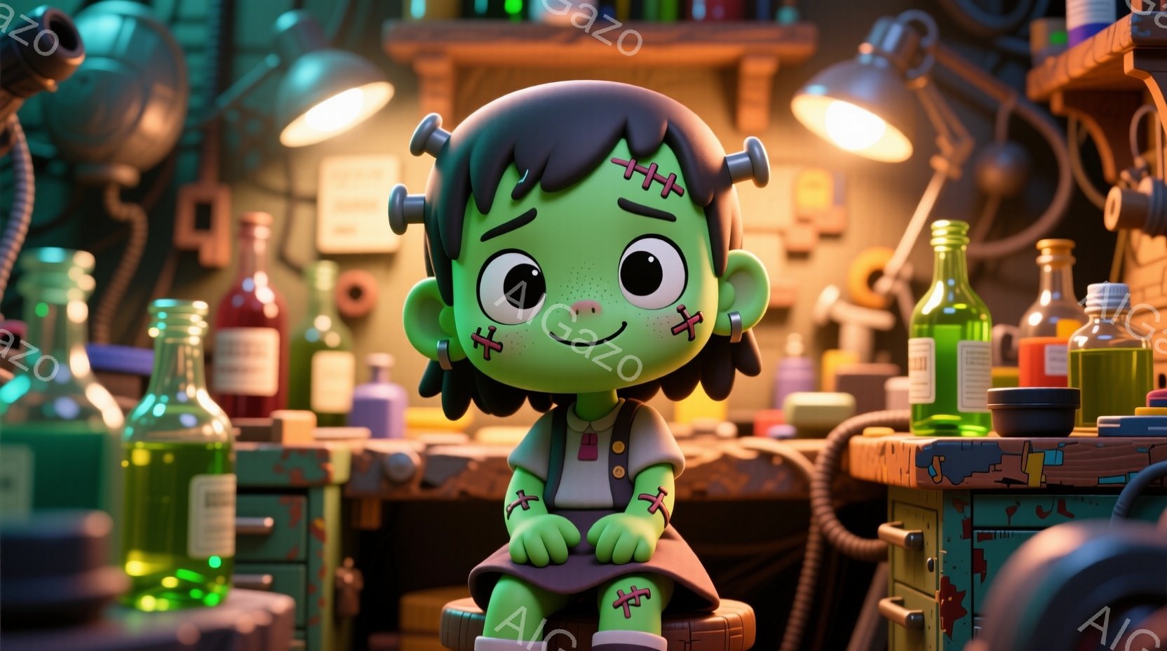 フランクenstein風の小さなキャラクターが特徴です。緑色の肌に黒髪、顔には縫い目があり、明るい表情で座っています。背景には実験器具や瓶が並び、薄暗い実験室のような雰囲気で、どこか可愛らしい様子が伺 - AI生成フリー素材
