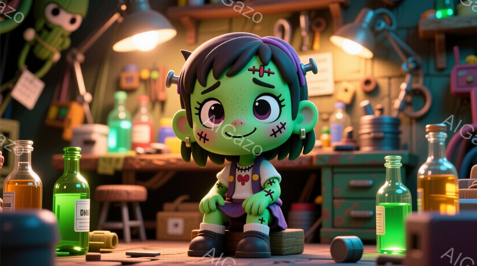 緑色の肌にボルトで縫合された姿をした、可愛らしいフランケンシュタインのキャラクターが描かれています。紫色の髪型で、大きな目で微笑んでおり、赤い縞模様のシャツを着ています。背景には実験道具や瓶が並び、薄暗い実験室のような空間が広がっており、どこかユーモラスで遊び心のある雰囲気を醸し出しています。