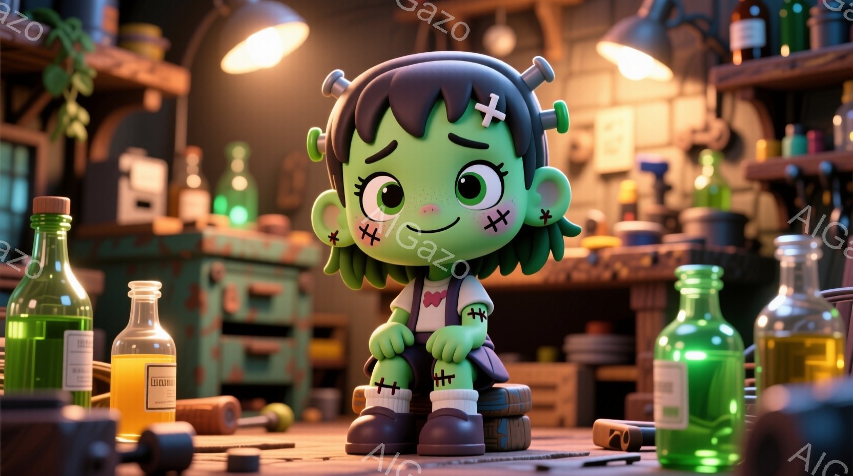 フランケンシュタイン風の可愛い女の子の3Dレンダリングです。彼女は緑色の肌にボルトが付いた髪型で、縫い目模様の入った服を着ています。背景には、実験道具や瓶が並んだ薄暗い実験室があり、全体的に可愛らしくユーモラスな雰囲気です。