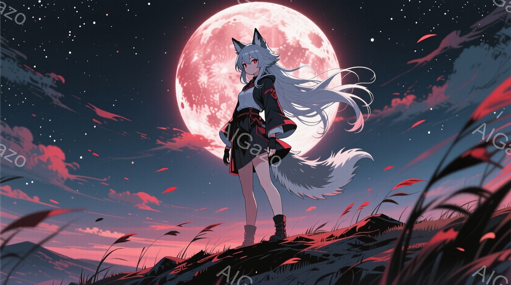 白髪の長い髪と狐の耳を持つ若い女性が、黒いブーツと短いスカート、赤い帯のついた上着を着ています。彼女は丘の上に立ち、遠くを見つめており、物憂げな表情を浮かべています。背景には燃えるような赤い月と、風に - AI生成フリー素材