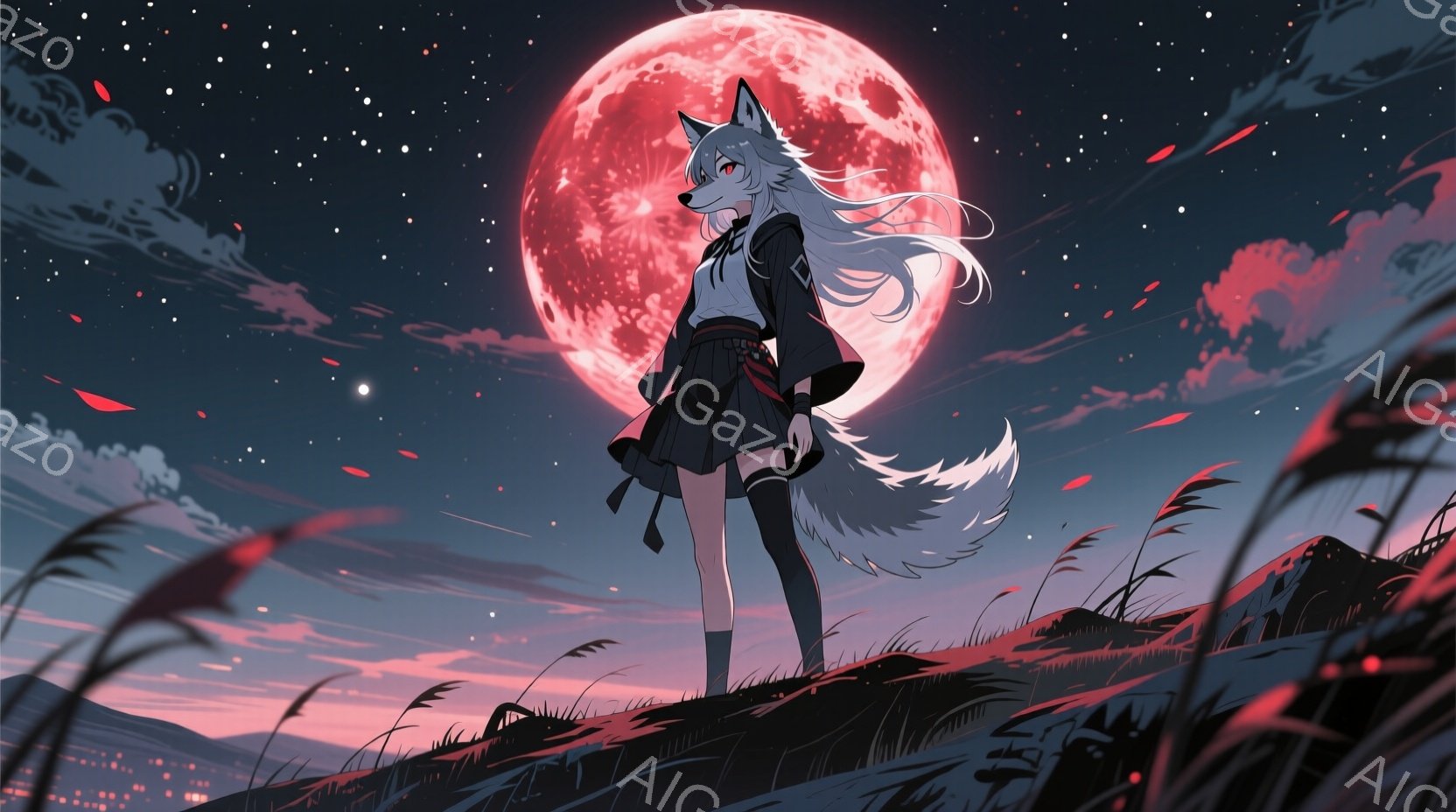 白い髪と動物のような耳を持つ若い女性が描かれている。彼女は黒いハイソックスとニーハイブーツを履き、赤いリボンで結んだ黒いドレスのような服装をしている。背景は赤く輝く満月と、草が生い茂る丘陵地帯で、全体的に幻想的で少し寂しげな雰囲気が漂っている。