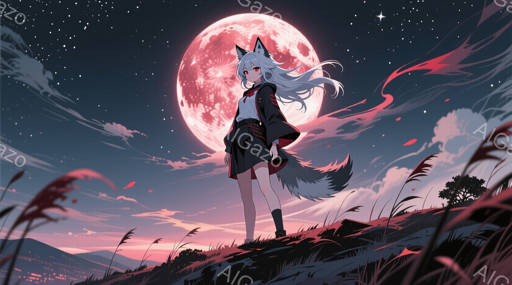 白髪の少女が丘の上に立っており、黒い制服のような衣装を身に着けている。彼女は片足を少し前に出し、背筋を伸ばした姿勢で、どこか寂しげな表情をしている。背景には燃えるような赤い満月と、草が生い茂る丘、そし - AI生成フリー素材