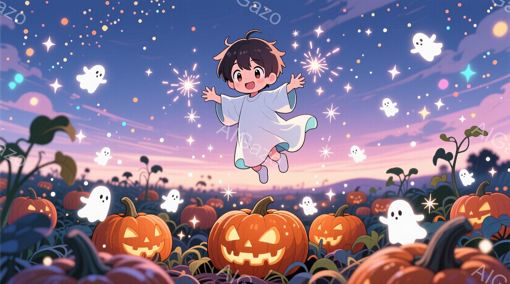 短い茶色の髪の少年が、オレンジ色のカボチャ畑の中で両手を広げて空中に浮かんでいる。少年は白いパジャマのような服を着ており、顔には楽しそうな笑顔が見える。背景には、様々な大きさのカボチャが並び、空にはた - AI生成フリー素材