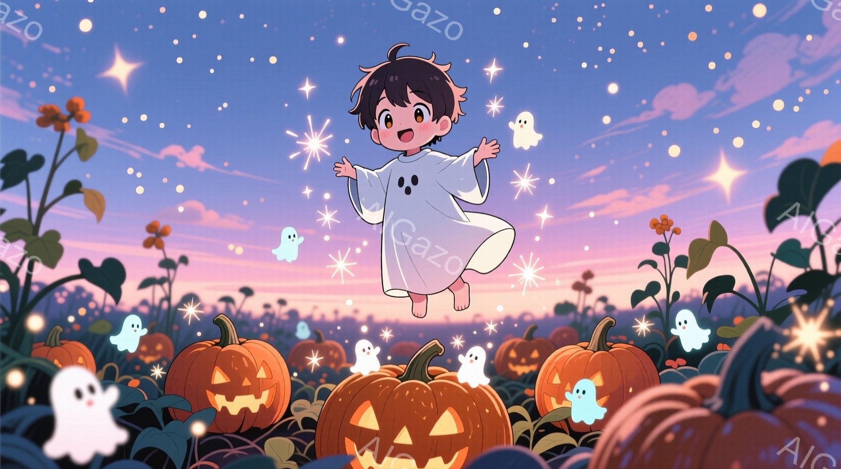 小さな少年がカボチャ畑の中で、幽霊の衣装を着て飛び跳ねています。黒い髪と明るい笑顔が特徴で、両手を広げ、楽しそうにしています。背景には、ジャック・オー・ランタンと小さな幽霊たちが散らばり、夕焼け空と星 - AI生成フリー素材