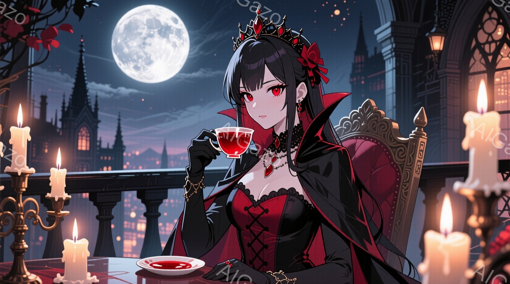 黒髪を高く結い上げた女性が、赤いドレスと黒いコルセット、そして長い黒いマントを身につけている。彼女は赤いカップを手に持ち、優雅な姿勢で座っており、その表情はどこか冷たく、神秘的である。背景には、夜の街 - AI生成フリー素材