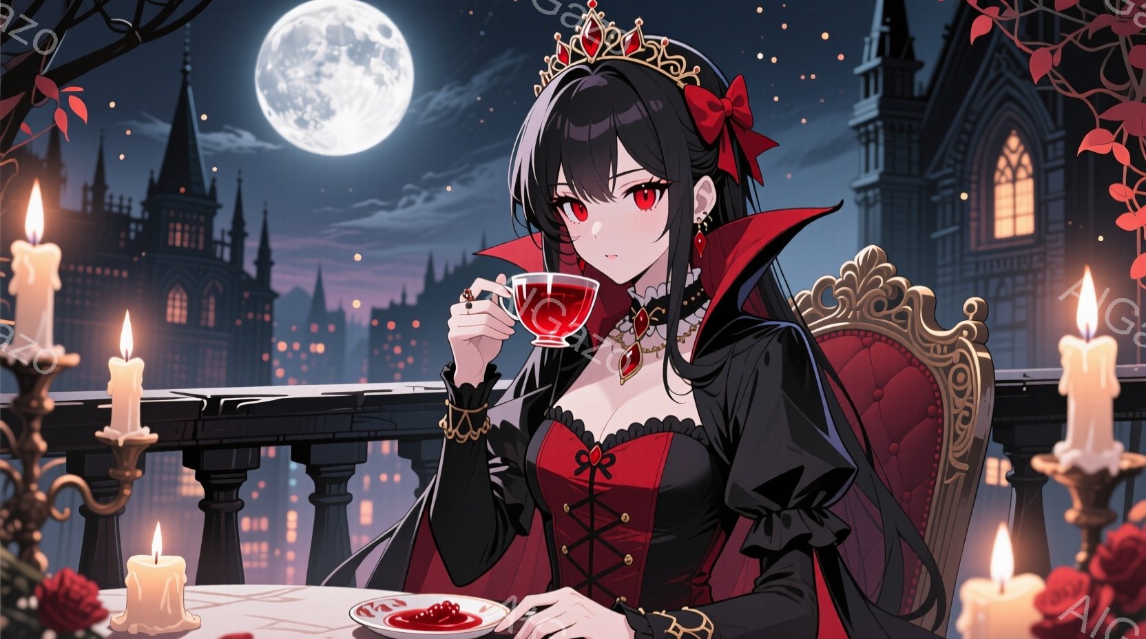 黒髪の少女が赤いドレスと黒いケープを身に着け、バルコニーで赤い液体が入ったカップを手にしている。彼女は豪華な椅子に座り、少し微笑んでおり、その表情はどこか神秘的だ。背景には、月明かりに照らされた都市の - AI生成フリー素材