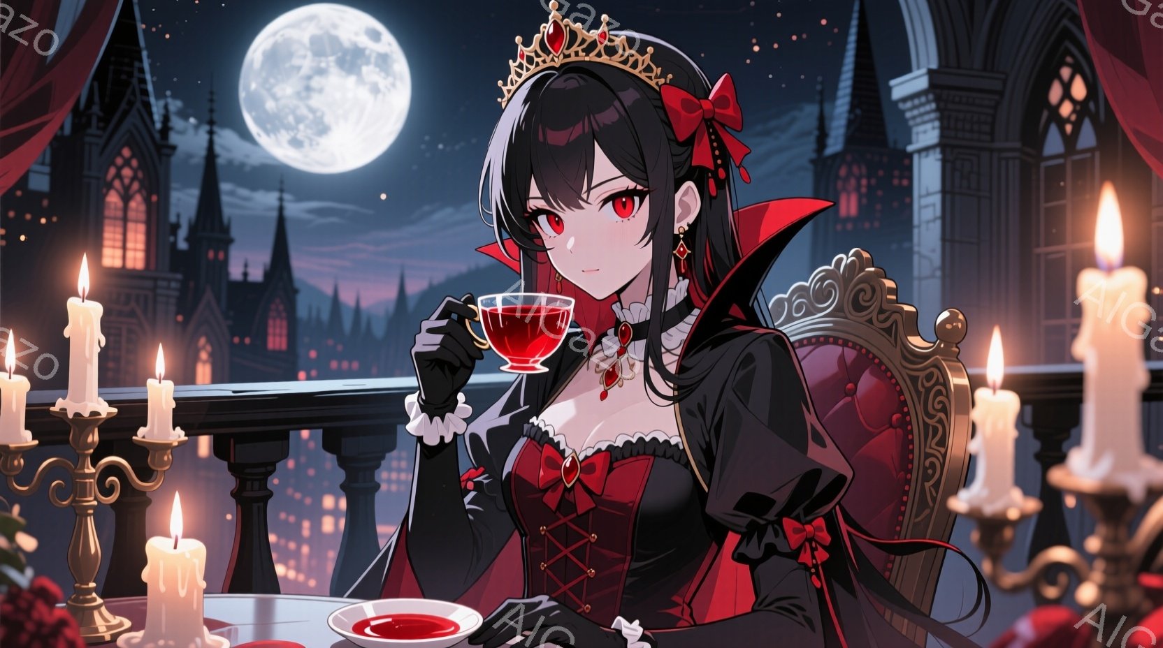 深紅のドレスと黒いリボンが印象的な少女が描かれています。彼女は赤い髪を肩まで伸ばし、宝石をあしらった王冠を被り、片手に赤い液体が入ったカップを持っています。背景には、月明かりに照らされたゴシック様式の建物群と、燃え盛る蝋燭が配置され、神秘的で退廃的な雰囲気を醸し出しています。